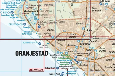 Mapa pokazuje, gdzie jest Aruba, z zaznaczonymi plażami jak Druif Beach i Bushiri Beach, oraz miastem Oranjestad.