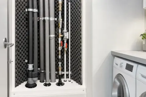 Rörsystem med ljuddämpning för ventilation, monterat bakom en dörr. Bredvid syns en tvättmaskin.
