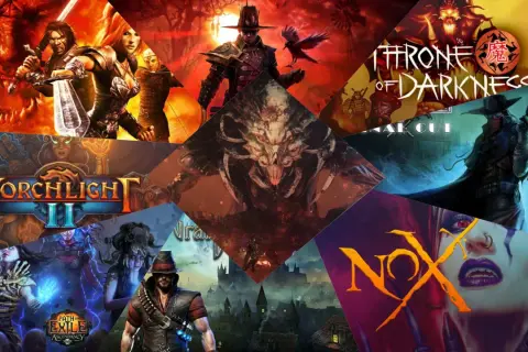 Kolaż okładek gier typu hack and slash: Torchlight II, Path of Exile, Nox, Throne of Darkness i inne.