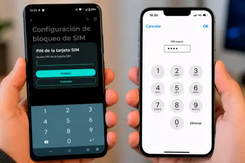 Dos manos sostienen teléfonos. Uno muestra cómo cambiar el PIN de la tarjeta SIM. El otro, un iPhone, pide un PIN nuevo.