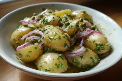 En skål med rostad potatissallad med rödlök, kapris och färska örter.