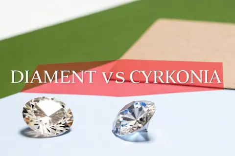 Dwa błyszczące kamienie szlachetne, jeden jaśniejszy, drugi z niebieskimi refleksami, na tle napisu "DIAMENT VS CYRKONIA".