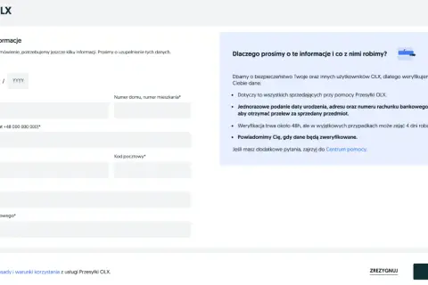 Formularz uzupełniania danych do przesyłki OLX: data urodzenia, adres, numer telefonu i konta bankowego.