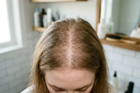 Vue du dessus du cuir chevelu clairsemé d'une femme, espérant retrouver une masse capillaire naturellement.