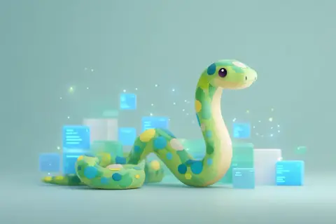 Zielona, kropkowana postać węża Python otoczona przez świecące, niebieskie bloki kodu. Idealne dla osób szukających pracy Python bez doświadczenia.