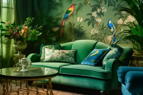 Luksusowy salon w stylu secesji. Zielona sofa, tapeta z ptakami i kwiatami, stolik kawowy. Obrazy secesyjne tworzą atmosferę.