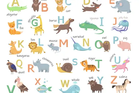 Alfabeto ilustrado con animales en inglés para niños: alligator, bear, cat, dog, elephant, fox, giraffe, horse, iguana, jelly fish, kangaroo, lion, mouse, narwhal, owl, pig, quail, rhinoceros, snail, tiger, unicorn, vulture, x-ray fish, whale, yak, zebra.