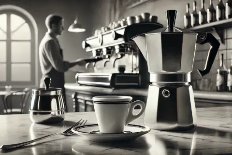 Kawiarka i filiżanka na blacie, barista w tle przygotowuje kawę. Idealna kawa włoska czeka.