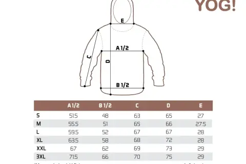 Tabela rozmiarów odzieży z oznaczeniami A1/2, B1/2, C, D, E. Komin leier wymiary podane w cm dla rozmiarów S-3XL.