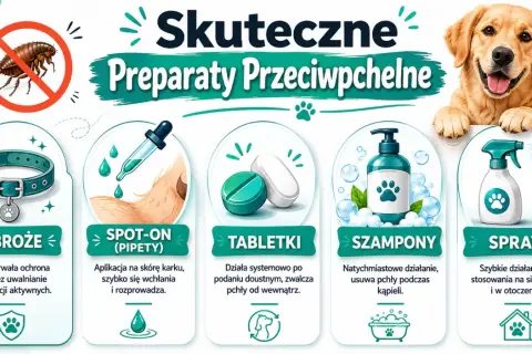 Szukasz co na pchły dla szczeniaka? Grafika pokazuje obroże, spot-on, tabletki, szampony i spraye przeciw pchłom dla psów.