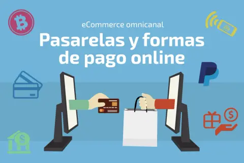 Ilustración sobre pasarelas y métodos de pago online, con iconos de Bitcoin, tarjetas, PayPal, banco y móvil.