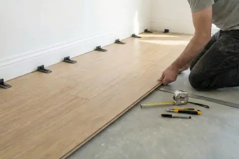A person kneels, installing light wood click lock flooring. Spacers are placed along the wall, and tools like a tape measure and utility knife are nearby.