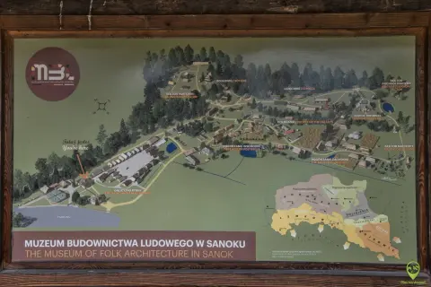 Mapa Muzeum Budownictwa Ludowego w Sanoku. Ukazuje rozmieszczenie sektorów: Bojków, Łemków, Dolinian, Pogórzan i innych.