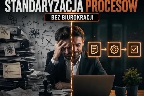Mężczyzna przytłoczony stertą dokumentów po lewej, po prawej schemat procesów. Standaryzacja co to? Uproszczenie pracy.