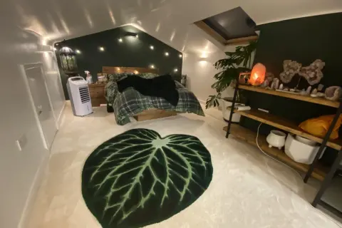 Sovrum med mysig cottage core-känsla. Rutiga sängkläder, gröna väggar och en stor bladmatta. Kristallampor och växter skapar en drömsk atmosfär.