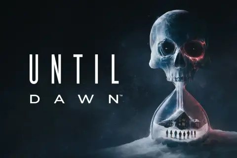 Nawiązanie do Until Dawn remake: lodowa klepsydra w kształcie czaszki, z której wypada śnieg na chatkę i grupę ludzi.