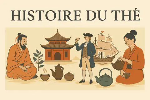 Illustration de l'histoire du thé : un homme asiatique, un européen et une femme asiatique partagent cette boisson, avec un bateau et un temple.
