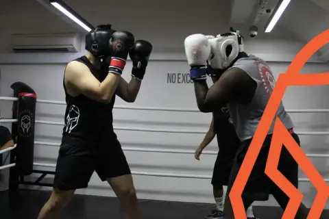 Two boxers in a ring practice defense. One boxer demonstrates how to block a punch, raising his gloves to protect his head.