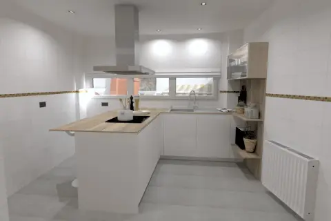 Cocinas con península modernas, blancas y de madera, con encimera de madera, campana extractora y estanterías.