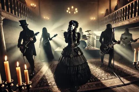Zespół goth w mrocznym, teatralnym wnętrzu, z wokalistką w koronkowej sukni i muzykami grającymi na gitarach.