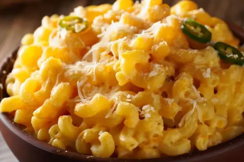 Cremiges Mac and Cheese mit Jalapeño-Scheiben und geriebenem Käse, serviert in einer braunen Schüssel.
