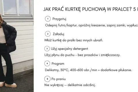 Kobieta z flagą Norwegii pokazuje, jak prawidłowo prać kurtkę puchową w pralce, by zachować jej właściwości.