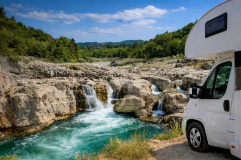Wohnmobil am tosenden Wasserfall, ein wahres Naturwunder Deutschland. Türkises Wasser stürzt über Felsen, umgeben von grünen Hügeln.