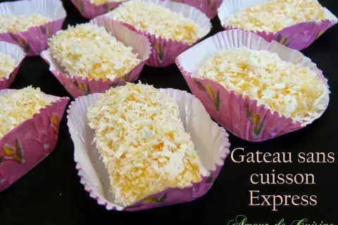 Plusieurs petits gâteaux sans cuisson, recouverts de noix de coco râpée, présentés dans des caissettes roses décorées.