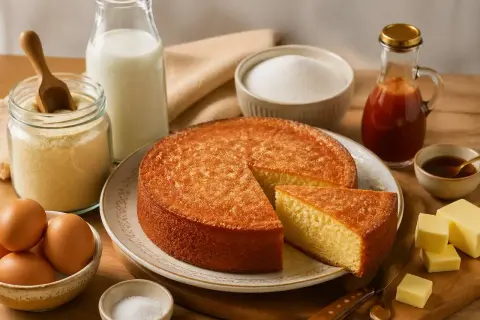 Un délicieux gâteau de semoule, doré et moelleux, entouré de ses ingrédients : œufs, lait, sucre, semoule, beurre et sirop.