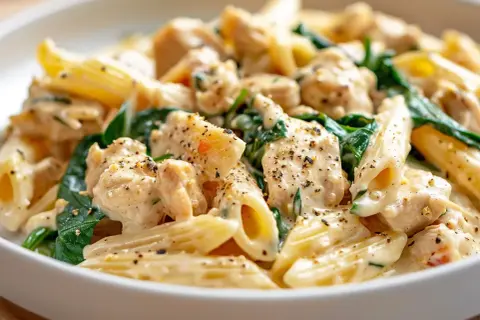 Krämig kycklingpasta med spenat, ett perfekt pasta recept för en snabb och god middag.