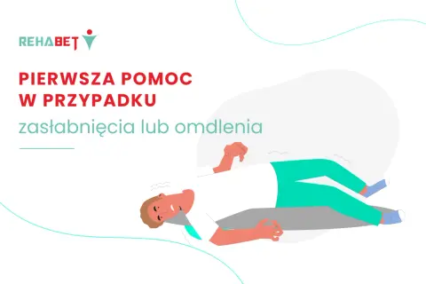 Pierwsza pomoc w przypadku zasłabnięcia lub omdlenia. Ilustracja przedstawia osobę leżącą, która doświadcza omdlenia (ICD-10 R55).