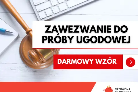 Młotek sędziowski i klawiatura symbolizują prawo. Tekst "ZAWEZWANIE DO PRÓBY UGODOWEJ" oraz "DARMOWY WZÓR" sugeruje pomoc prawną.