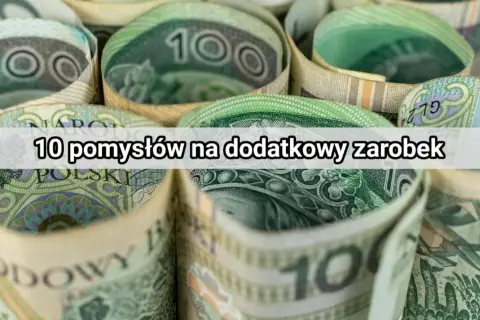 Zwijane polskie banknoty 100 zł z napisem "10 pomysłów na dodatkowy zarobek".