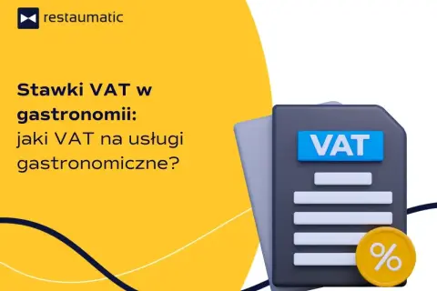 Grafika informuje o stawkach VAT w gastronomii, prezentując ikonę dokumentu z napisem VAT i monetę z procentem.