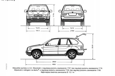 BMW E60 wymiary: schemat z widokami przód, tył i bok, z podanymi wymiarami długości, szerokości i wysokości.