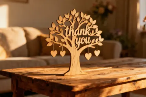 Drewniane drzewko z wyciętym napisem "thank you" i wiszącymi serduszkami. Ciepłe światło podkreśla jego urok.