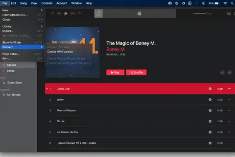 Apple Music app on Mac showing the "Convert" menu open, with "Create MP3 Version" highlighted, ready to convert audio files.