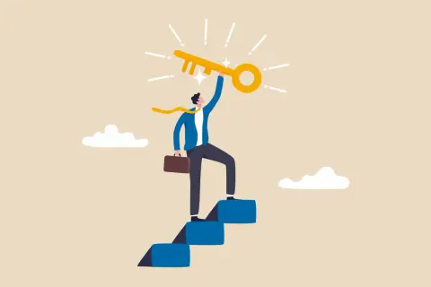 Mężczyzna na schodach kariery z kluczem sukcesu w dłoni, symbolizujący jego learning agility i drogę do osiągnięć.