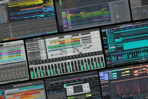 Collage of digital audio workstations, showcasing various interfaces for free studio recording software, with colorful waveforms and faders.