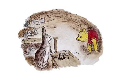 Winnie the Pooh original illustrations: Rabbit stands in his burrow, looking at Pooh Bear. Shelves with jars are visible.