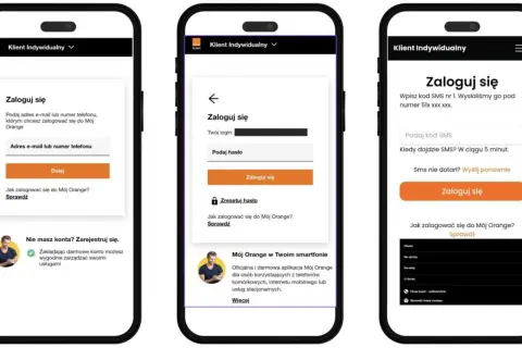 Trzy ekrany aplikacji Mój Orange pokazują proces logowania. Można tu znaleźć kod na sprawdzenie internetu Orange.
