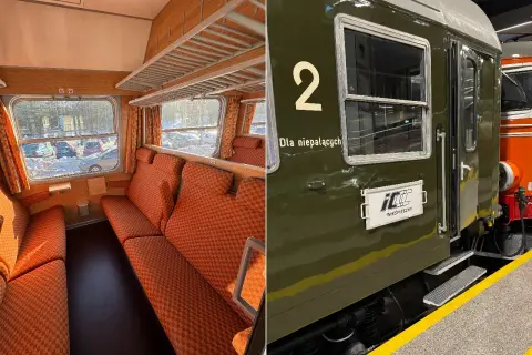 Wnętrze i zewnętrze wagonu pociągu pospiesznego. Pomarańczowe siedzenia i drewniane wykończenie w środku, zielony wagon z napisem "Dla niepalących" na zewnątrz.