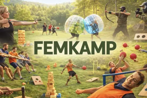 Enkel femkamp inomhus med pilbåge, bollkastning, dragkamp och bubbelbollar.