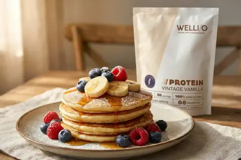 En hög med fluffiga proteinpannkakor, toppade med bär och banan. Bredvid syns en påse Wellio Vintage Vanilla proteinpulver, perfekt för ditt proteinpannkakor recept.