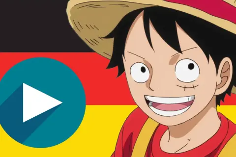 Luffy lächelt vor der deutschen Flagge. Hier erfährst du, wo man One Piece gucken kann. Ein Play-Button ist sichtbar.