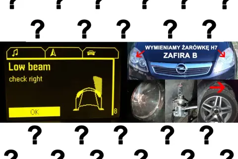 Instrukcja wymiany żarówki H7 w Zafirze B. Komunikat "Low beam check right" i zdjęcie reflektora.