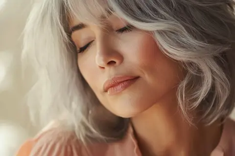 Mujer con un corte wolf cut moderno y cabello plateado, con los ojos cerrados y una expresión serena.