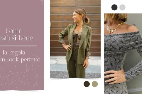 Come vestirsi bene: un completo verde militare con body in pizzo e un abito grigio con stampa foglie.