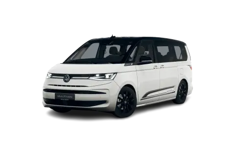 Biały Volkswagen Multivan T7 z czarnym dachem i felgami, na czarnym tle.