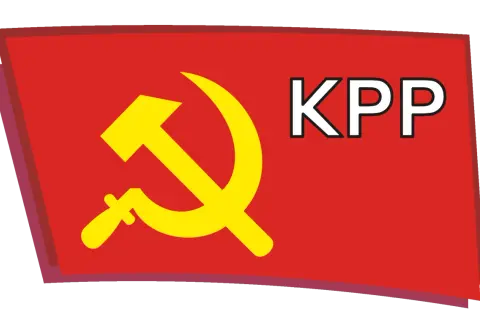 Czerwona chorągiew z żółtym sierpem i młotem oraz napisem KPP.